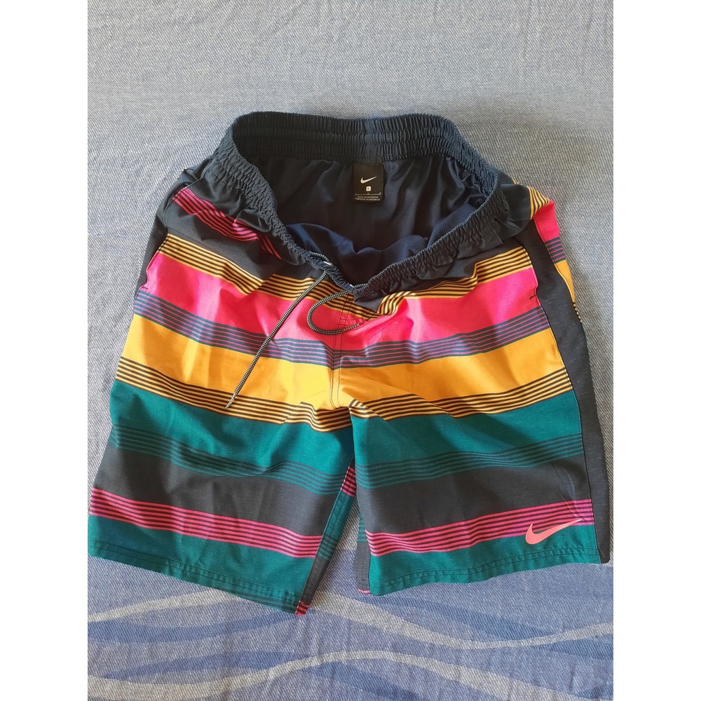 Nike Men Large Striped Swim Trunks Pink Yellow Teal Black Mesh Lined Shorts
